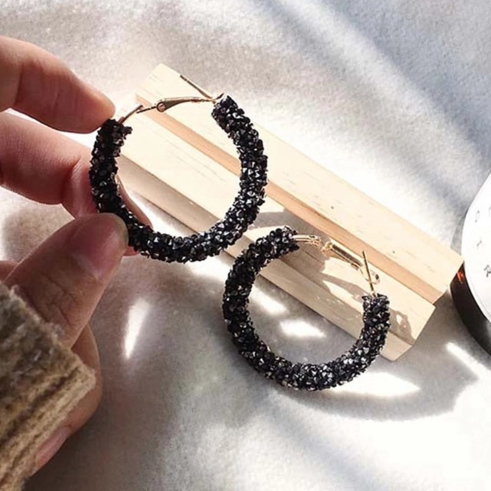 NEW!💙💎GLITTERING RESIN!🖤BLACK🖤DRUZY HOOPS!💎💙 - Picture 7 of 8